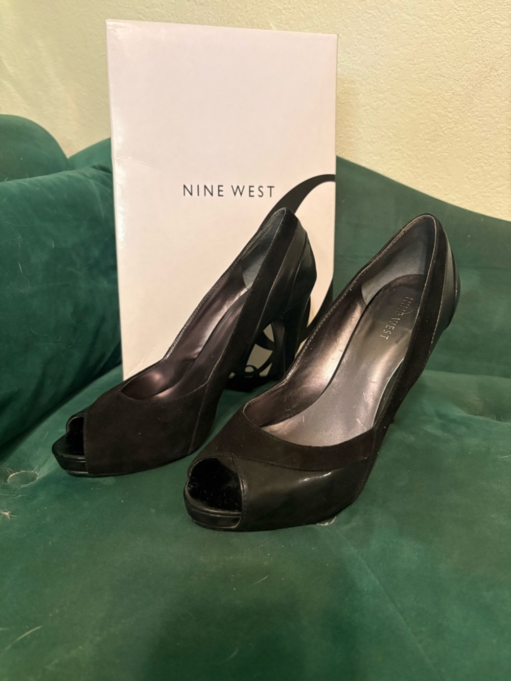 Nine West Black Suede & Patent Peep-Toe Heels